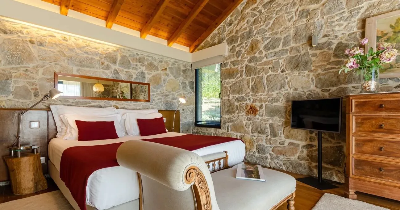 Authentic room with a stylish design and stone walls