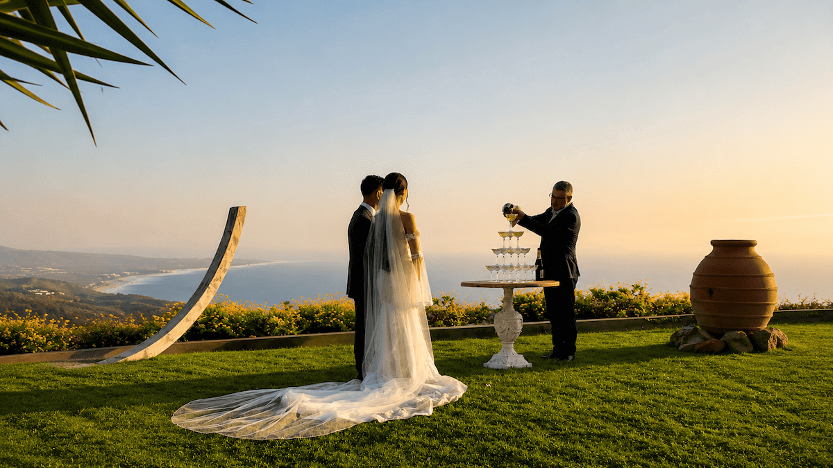 Couple celebrating their wedding on the panoramic terrace at Quinta Vale da Roca