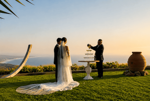Bride and groom celebrating their wedding with panoramic ocean views near Sintra